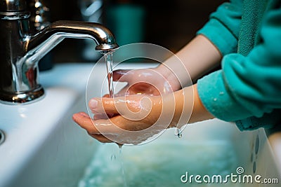 Childrens hands in pajamas, suds galore, using the bathroom sink for washing Stock Photo