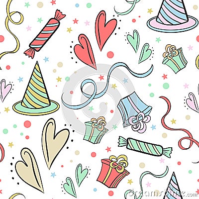 Childrens holiday seamless pattern vector. Cute background with sweets, hearts, ribbons, gifts and confetti. Template Vector Illustration