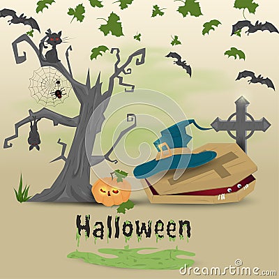 Childrens illustration in flat style, on the theme of all saints eve, Halloween, scary tree, witch hat lying on the coffin Vector Illustration