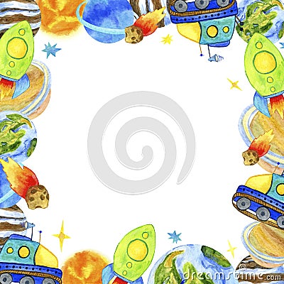 Childrens illustration frame space, planets and rockets in watercolor. Cartoon Illustration