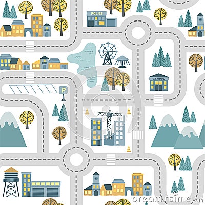 Childrens map road seamless pattern. Vector cartoon illustration of children's mat for road play. City adventure map Vector Illustration