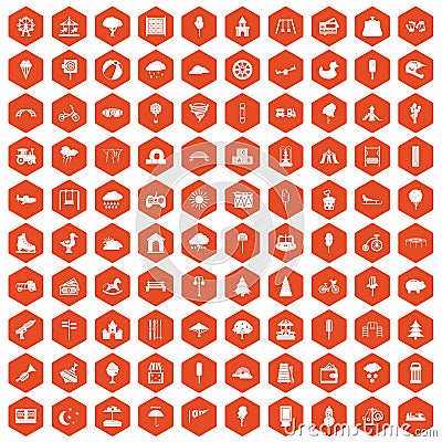 100 childrens park icons hexagon orange Vector Illustration