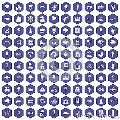 100 childrens park icons hexagon purple Vector Illustration