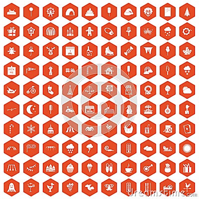 100 childrens parties icons hexagon orange Vector Illustration