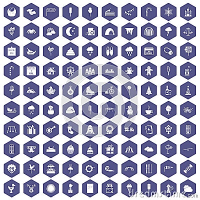 100 childrens parties icons hexagon purple Vector Illustration