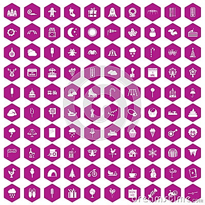 100 childrens parties icons hexagon violet Vector Illustration