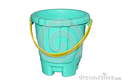 Childrens plastic bucket with yellow handle for playing in the sandbox isolated on white background Stock Photo