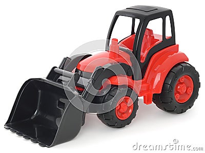 Childrens plastic toy, Red-black bulldozer isolated on white Stock Photo