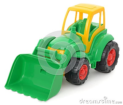 Childrens plastic toy, yellow-green bulldozer isolated on white Stock Photo