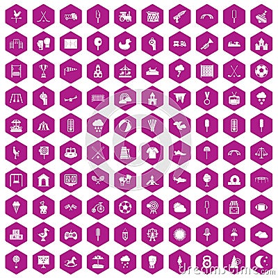 100 childrens playground icons hexagon violet Vector Illustration