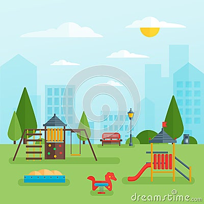 Childrens Playground At Park Vector Illustration