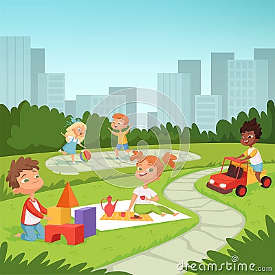 Childrens playing in educational games outdoor . Various equipment for kids Vector Illustration