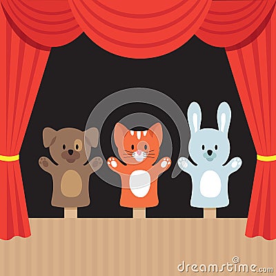 Childrens puppet theater scene with cute animals and red curtain. Cartoon vector illustration Vector Illustration