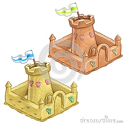 Childrens sand castle, tower of the Fort with flag Vector Illustration