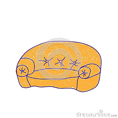 Childrens sofa orange in a deliberately childish style. Child drawing. Sketch imitation painting felt-tip pen or marker. Childs Vector Illustration