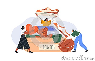 Childrens toys, clothes donation, charity concept. Volunteers collecting, donating necessities box for orphans Vector Illustration
