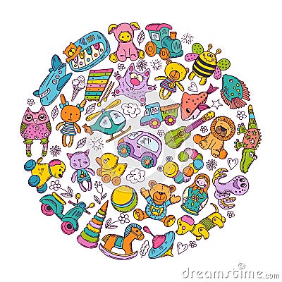 Childrens toys icon set in circle shape. Doodle vector illustrations Vector Illustration