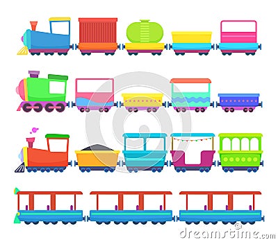 Childrens toys. Miniatures of colored cartoon trains Vector Illustration