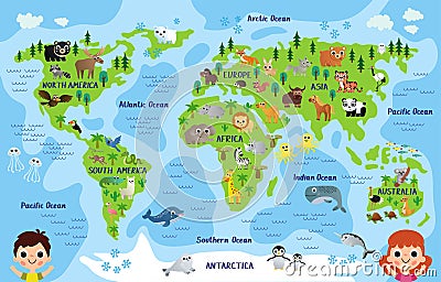 Childrens world map with animals Vector Illustration