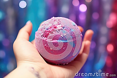 childs hand holding a glittery bath bomb over a filled bathtub Stock Photo