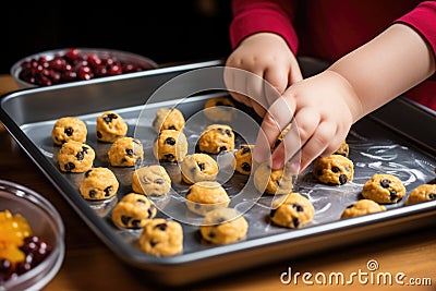 a childs hands placing cookie dough balls on a baking tray Stock Photo