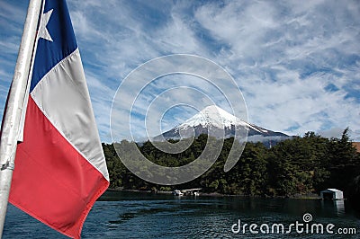 Chile flag and Osorno Volcano Stock Photo