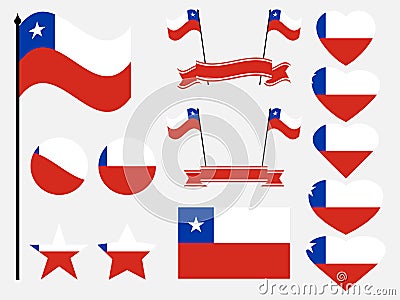 Chile flag set symbols, flag in heart. Vector Vector Illustration