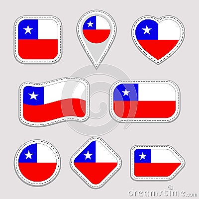 Chile flag vector set. Chilean flags stickers collection. Isolated geometric icons. National symbols badges. Web, sport page, patr Stock Photo