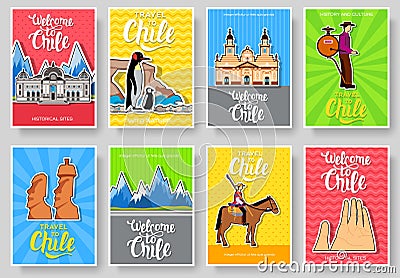 Chile vector brochure cards thin line set. Country travel template of flyear, magazines, posters, book cover, banners Vector Illustration