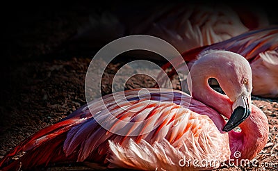 Chilean Flamingo is lying on the ground and resting Stock Photo