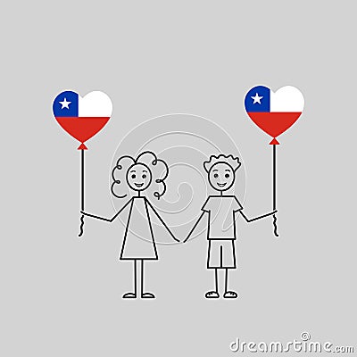 chilean children, love Chile sketch, girl and boy with a heart shaped balloons, black line vector illustration Vector Illustration