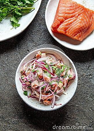 CHILEAN SALMON SEVICHE. Fresh raw salmon marinaded with purple onion, coriander in lemon juice. Ceviche and ingredientes Stock Photo