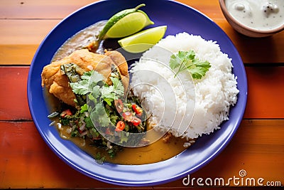 chiles rellenos served with rice and beans on a plate Stock Photo