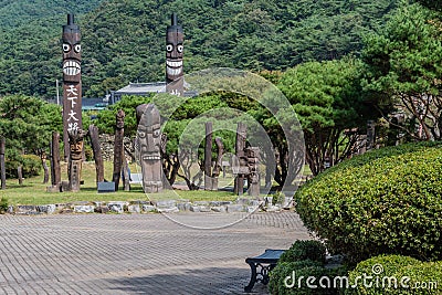 Two towering Korean totem poles Editorial Stock Photo