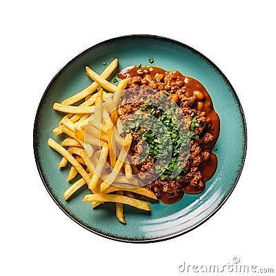 Chili Cheese Fries On Blue Smooth Round Plate On Isolated Transparent Background U.S. Dish. Generative AI Stock Photo