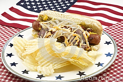 Chili and Cheese Hotdog with American Flag Stock Photo