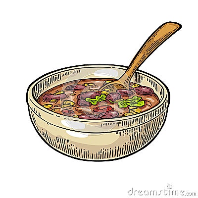 Chili con carne in bowl with spoon - mexican traditional food. Vector Illustration