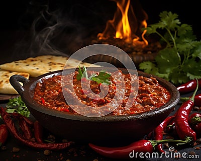 The chili con carne is fiery and flavorful. Cartoon Illustration