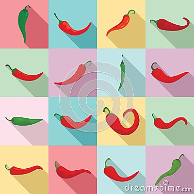 Chili icons set, flat style Vector Illustration