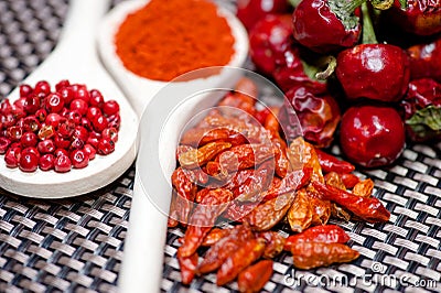 Chili ingredients mix. pepper corns, chili flavor, hot peppers Stock Photo