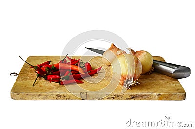 Chili and onion with kitchen tools on white background Stock Photo