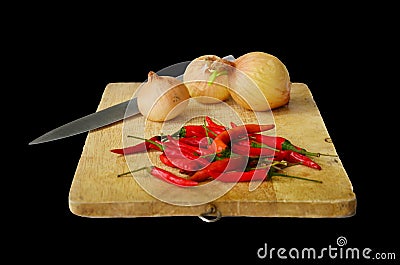 Chili and onion with kitchen tools on white background Stock Photo