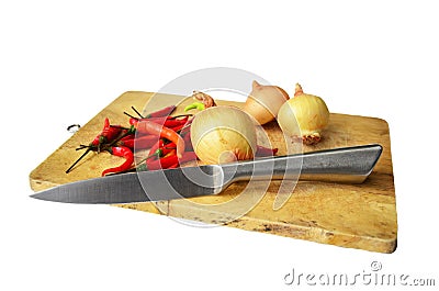 Chili and onion with kitchen tools on white background Stock Photo