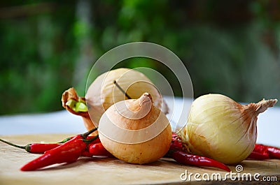 Chili and onion with kitchen tools on white background Stock Photo