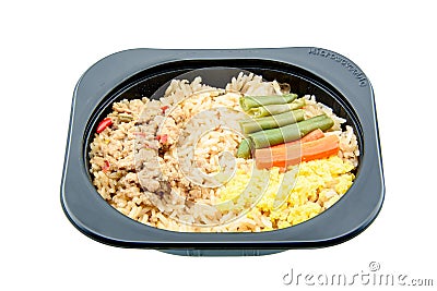 Chili paste with pork and fried rice, an innovative instant meal for a hectic life. Stock Photo