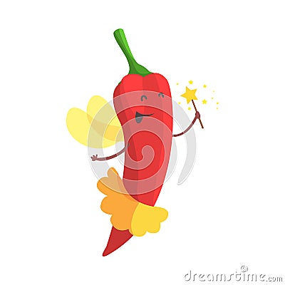Chili Pepper Fairy In Skirt WIth Magic Wand, Part Of Vegetables In Fantasy Disguises Series Of Cartoon Silly Characters Vector Illustration