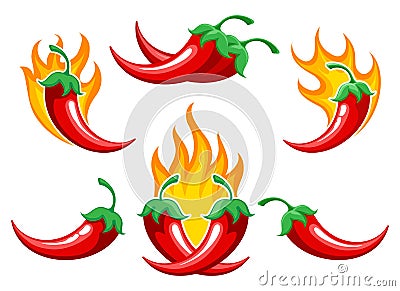 Chili pepper on fire set Vector Illustration