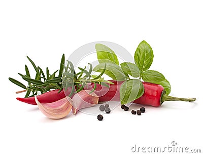 Chili pepper and flavoring herbs Stock Photo