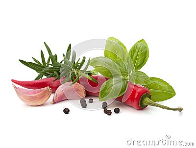 Chili pepper and flavoring herbs Stock Photo