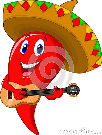 Chili pepper mariachi cartoon wearing sombrero Vector Illustration